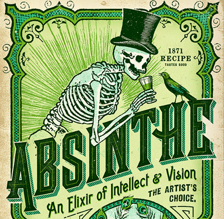 Un squelette boit une absinthe, la liqueur des intellectuels et des visionnaires